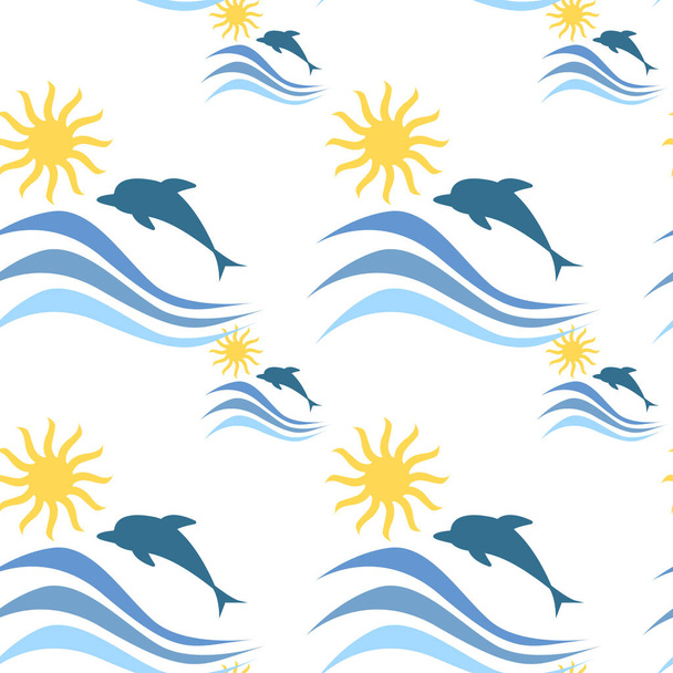 Sea Waves With Dolphins Summer Vacation Seamless Pattern - Vektör, Görsel