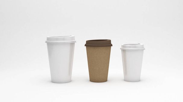 Kaffeetassen aus weißem und braunem Karton auf weißem Hintergrund, ökologisches Konzept, 3D-Illustration - Foto, Bild