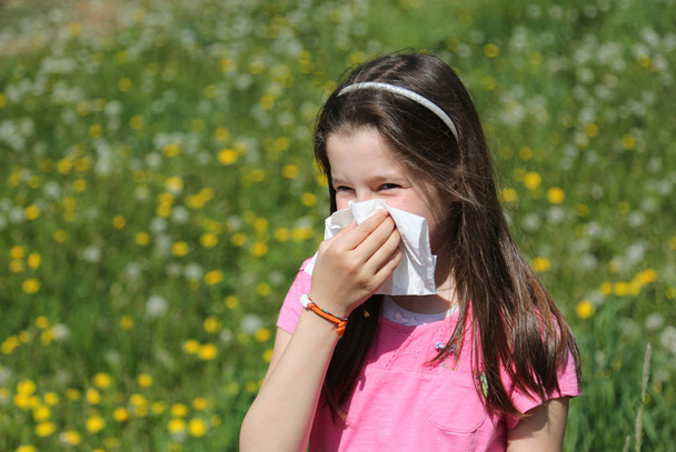 Otlar blo alerjisi ile uzun kahverengi saçlı küçük kız - Fotoğraf, Görsel
