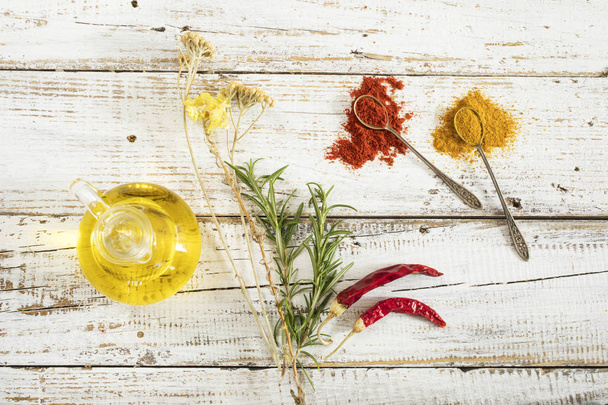 Spices and herbs on wooden background - Foto, Imagen