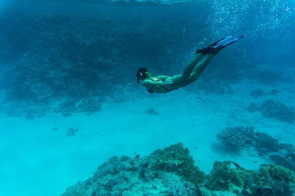 Young girl at snorkeling in the tropical water. Traveling, active lifestyle concept. - Zdjęcie, obraz