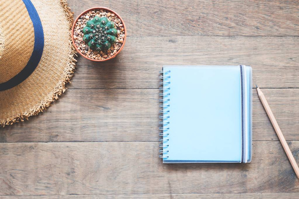 notebook vuoto di colore blu con cactus e cappello sul tavolo in legno, concetto di stile di vita
 - Foto, immagini