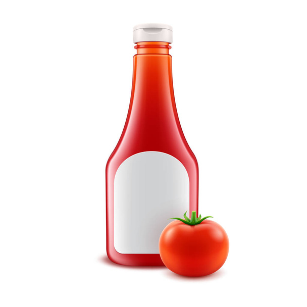 Vektor beállítása az üres műanyag piros paradicsom Ketchup üveg fehér címkével Branding és friss paradicsom elszigetelt fehér háttér - Vektor, kép