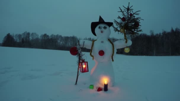 Прикрашений новорічний сніговик з капелюхом на полі зі свічками, проміжок часу 4K
 - Кадри, відео
