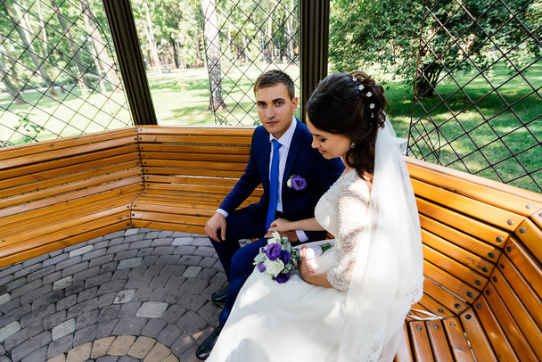 The bride and groom sit on a bench and hold hands - Foto, afbeelding