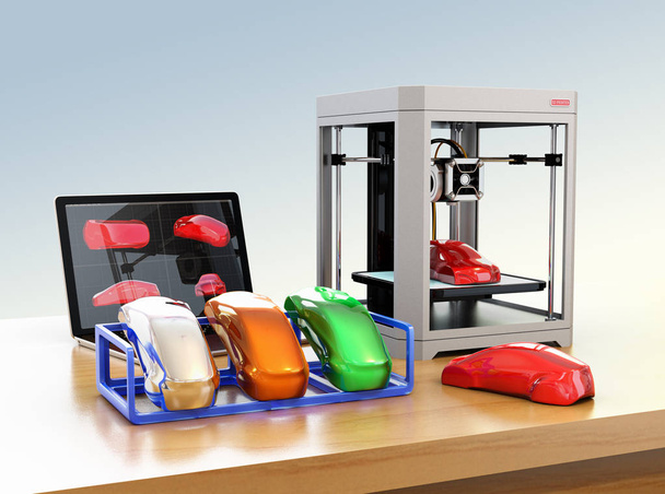 3D yazıcı, dizüstü bilgisayar ve ürün örnekleri renkli - Fotoğraf, Görsel