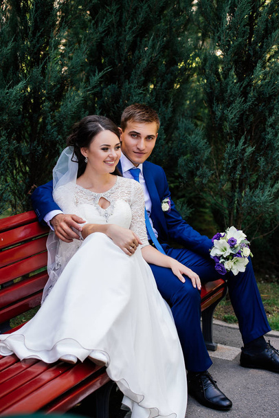 A noiva e o noivo sentam-se em um banco
 - Foto, Imagem