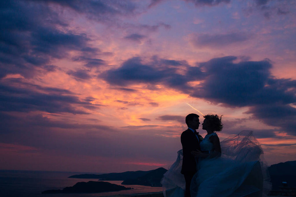 Silhueta dos recém-casados contra o céu ao pôr-do-sol. Casamento i
 - Foto, Imagem