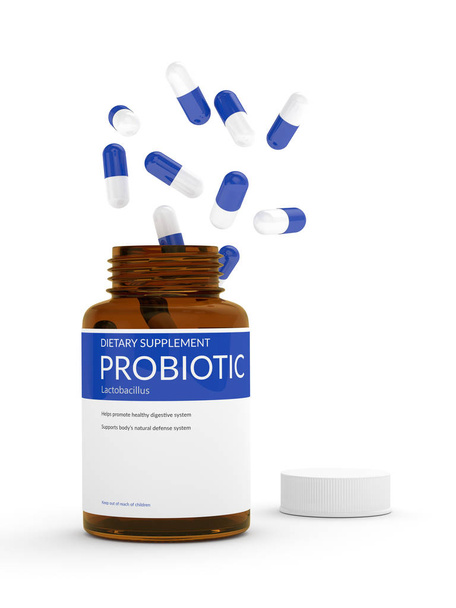 3D-Darstellung von probiotischen Pillen in der Flasche über Weiß - Foto, Bild