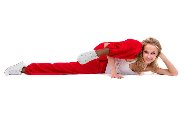 fitness woman doing exercises, isolated on white background in full length. - Valokuva, kuva