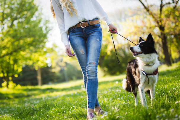 Beautiful woman walking cute dog - Zdjęcie, obraz