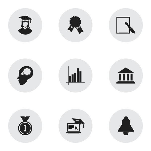 Conjunto de 9 ícones editáveis da escola. Inclui símbolos como feminino graduado, papel de nota, ideia criativa e muito mais. Pode ser usado para Web, Mobile, UI e design infográfico
. - Vetor, Imagem