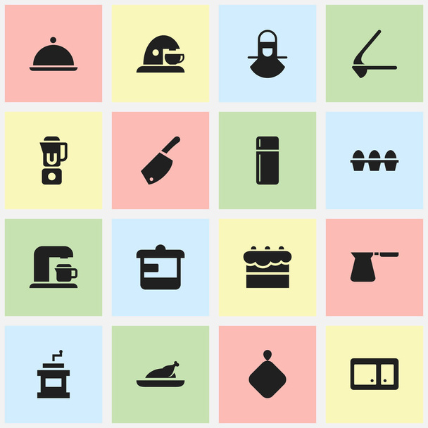 Σύνολο των 16 εικονίδια δυνατότητα επεξεργασίας τροφίμων. Περιλαμβάνει σύμβολα όπως σκευοθήκη, Κύπελλο, σκεύη και άλλα. Μπορεί να χρησιμοποιηθεί για Web, Mobile, Ui και σχεδίασης γραφήματος. - Διάνυσμα, εικόνα