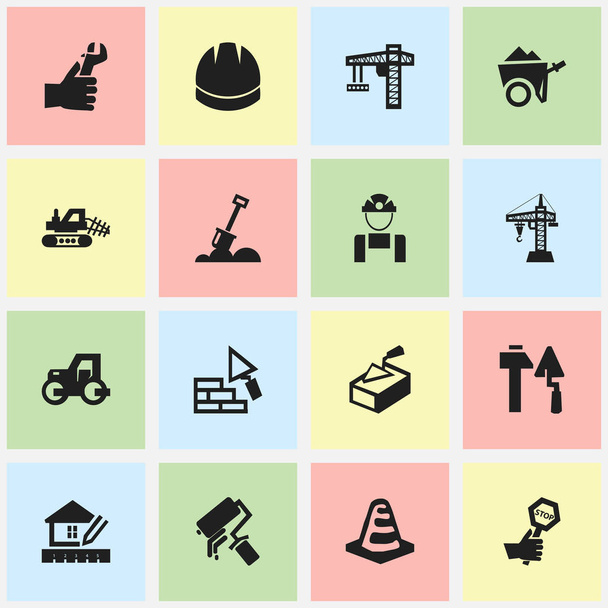 Set Of 16 Editable Structure Icons. Includes Symbols Such As Lifting Equipment, Facing, Hardhat And More. Can Be Used For Web, Mobile, UI And Infographic Design. - Vector, Image