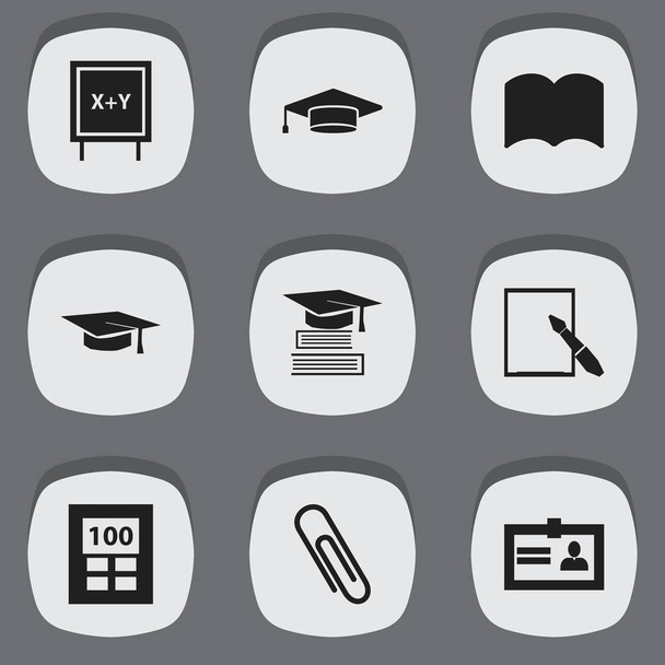 Conjunto de 9 iconos educativos editables. Incluye símbolos como calculadora, sombrero de graduación, grapas y más. Puede ser utilizado para el diseño de la tela, móvil, interfaz de usuario e infografía
. - Vector, Imagen