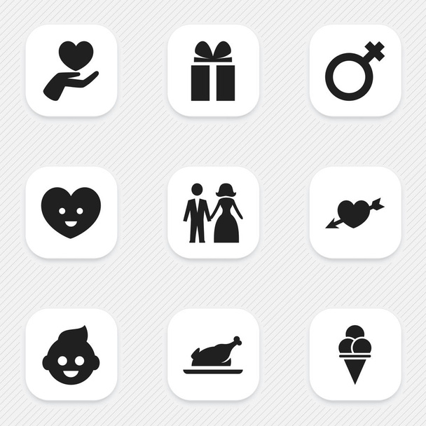 Zestaw 9 edycji ikon Kin. Zawiera symbole, takie jak serca, żonaty, Soul i inne. Mogą być używane dla sieci Web, mobilnych, interfejsu użytkownika i Infographic Design. - Wektor, obraz