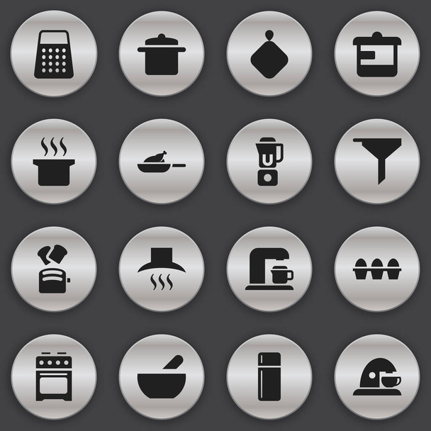 Набор из 16 настольных кухонных иконок. Includes Symbols such as stove, Egg Carton, Kitchen Hood and More. Can be used for Web, Mobile, UI and Infographic Design
. - Вектор,изображение