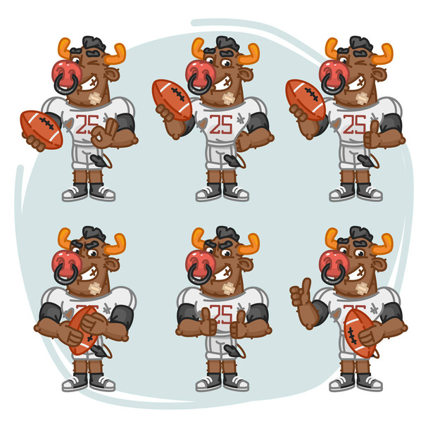 Karakter Set Bull Football speler heeft rechthoekige bal - Vector, afbeelding