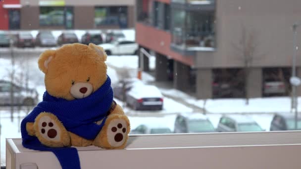 Αρκουδάκι με μαντήλι κάθεται στο καλοριφέρ κοντά σε παράθυρο. Πάρτε το παιδί παιχνίδι φίλο - Πλάνα, βίντεο