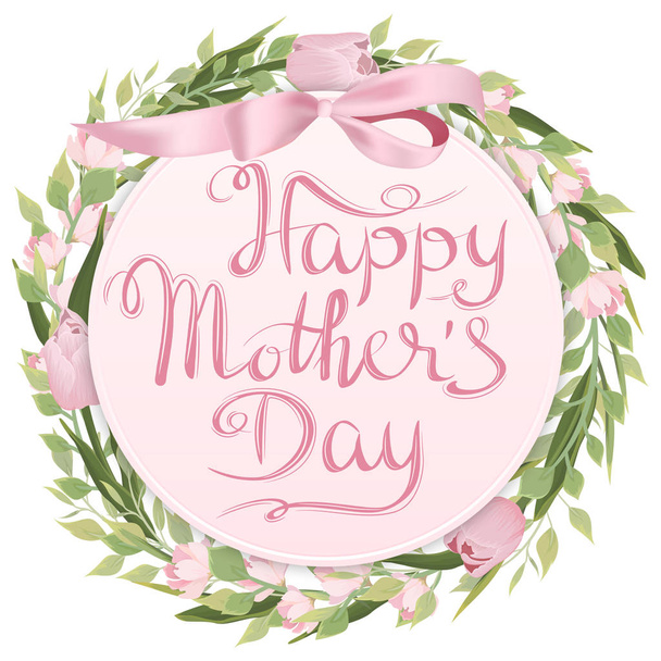 Mother's day greeting card with pink tulips and delicate ribbon.Vector card with hand writting lettering and flowers - Vetor, Imagem