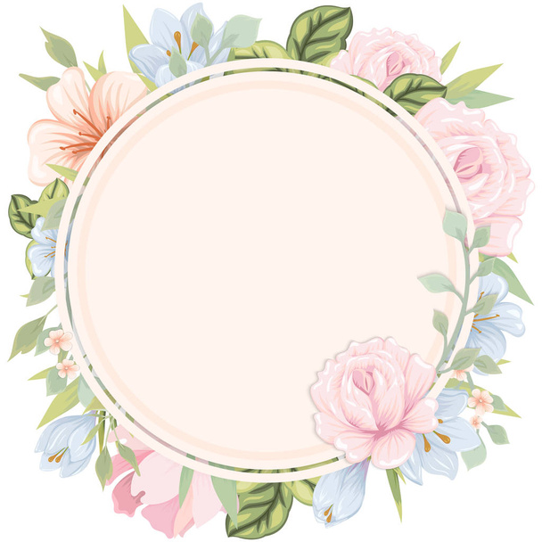 Banner design template with floral decoration. Round frame with flowers and leaves - Vetor, Imagem
