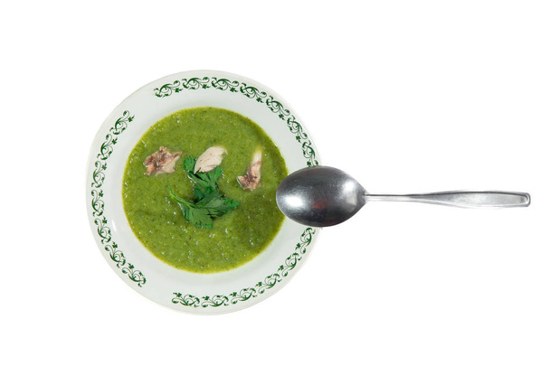 soup puree of broccoli, potato decorated with parsley and meat - Photo, Image