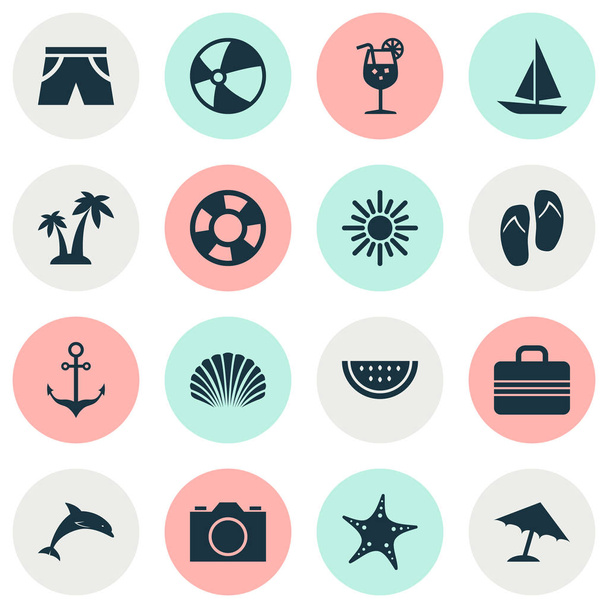 Sun Icons Set. Colección de árboles, mamíferos, estrellas y otros elementos. También incluye símbolos como estrellas de mar, cítricos, delfines
. - Vector, Imagen