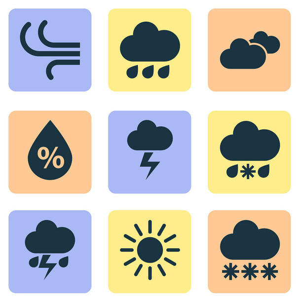 Icone meteorologiche impostate. Raccolta di neve, umidità, tempo e altri elementi. Include anche simboli come odio, pioggia, sole
. - Vettoriali, immagini