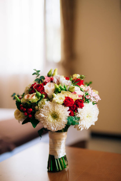 Wedding bridal bouquet of roses, chrysanthemums, Eucalyptus Baby - Photo, Image