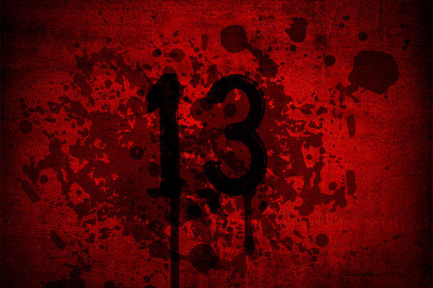 Bloed en gore dertien vrijdag met 13e nummer op rode achtergrond. - Foto, afbeelding