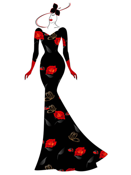 Μια γυναίκα σε ένα καπέλο και ένα μακρύ μαύρο φόρεμα με κόκκινα τριαντάφυλλα. - Διάνυσμα, εικόνα