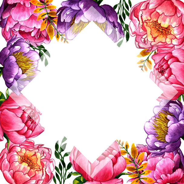Wildflower peony flower frame in a watercolor style isolated. - Zdjęcie, obraz