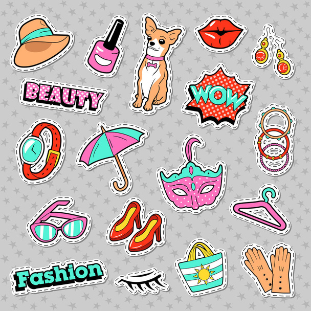 Pies, moda dziewczyny odznaki, patche, naklejki z komiks mowy Bańka, usta i ubrania. Ilustracja wektorowa - Wektor, obraz