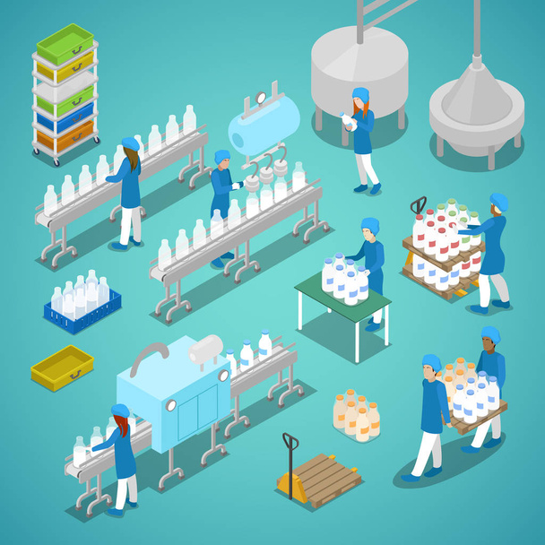 Fábrica de leche. Línea de producción automatizada en planta lechera con trabajadores. Ilustración Isométrica vector plano 3d
 - Vector, imagen