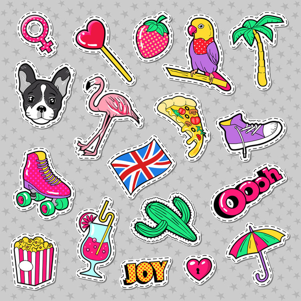 Emblemas de meninas de moda, patches, adesivos com Flamingo Bird, papagaio de pizza e coração. Ilustração vetorial
 - Vetor, Imagem