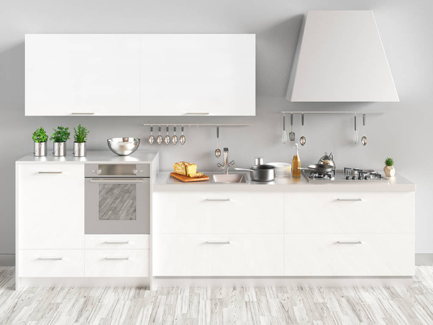 Новая белая кухня с мебелью и паркетом, рендер 3d
 - Фото, изображение