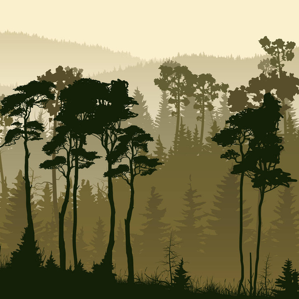 Square illustration of misty forest hills. - Vector, Image