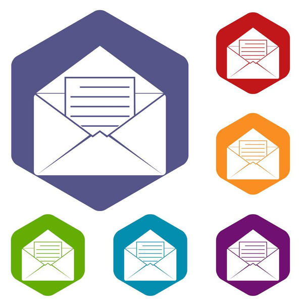 Envelope with sheet of paper icons set hexagon - Vector, Image