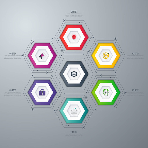 Infographics template 6 options with hexagon - Vettoriali, immagini