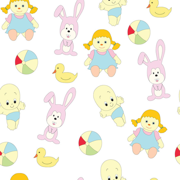 Seamless picture with children's toys for girls. A vector pattern  on a white background. - Vector, Image