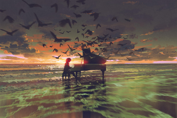  ember játszik a zongora a tengerparton - Fotó, kép