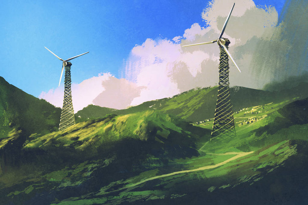 ландшафт с ветряными турбинами на зеленой горе - Фото, изображение