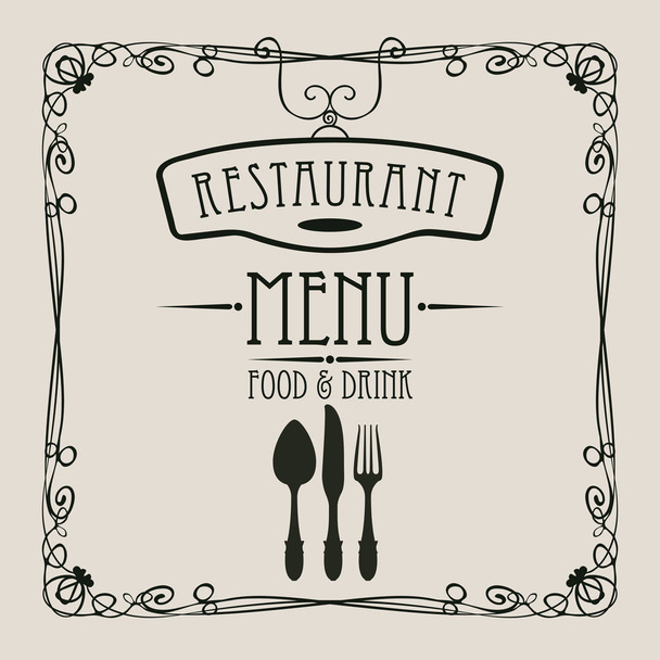 menu for restaurant with flatware and curlicues - Vector, Imagen