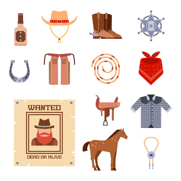 Elementos del oeste salvaje establecen iconos equipo de rodeo vaquero y diferentes accesorios vector ilustración
. - Vector, Imagen