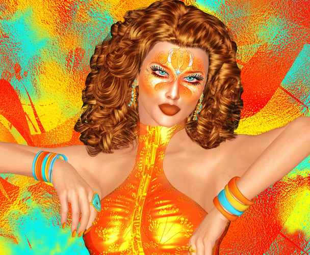 Chica pelirroja de moda y belleza con maquillaje creativo, estilo mascarada y fondo abstracto naranja
. - Foto, Imagen