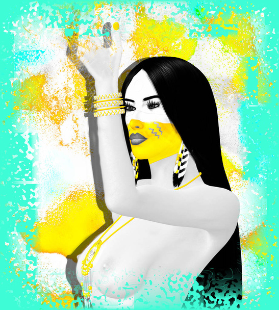 Mujer americana nativa con cara pintada colorida abstracta en o estilo único del arte del render 3d
.  - Foto, Imagen