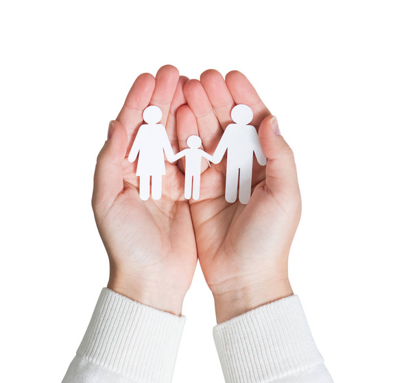 Família de corte de papel em mãos isoladas no fundo branco
 - Foto, Imagem