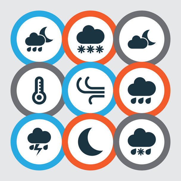 Weather Icons Set. Collection Of Temperature, Moon, Snowy And Other Elements. Also Includes Symbols Such As Thermometer, Rainy, Flash. - Vector, Image