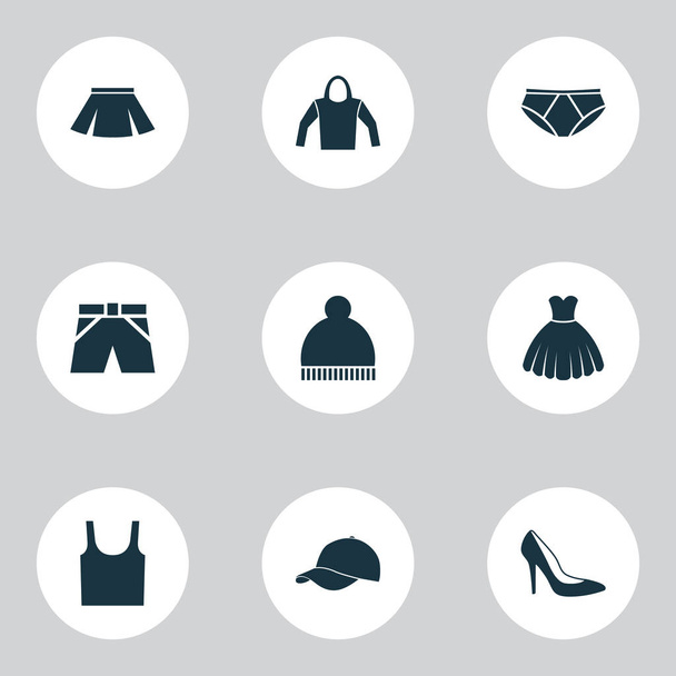 Clothes Icons Set. Collection Of Singlet, Trilby, Sarafan And Other Elements. Also Includes Symbols Such As Footwear, Cap, Woman. - Vector, Image