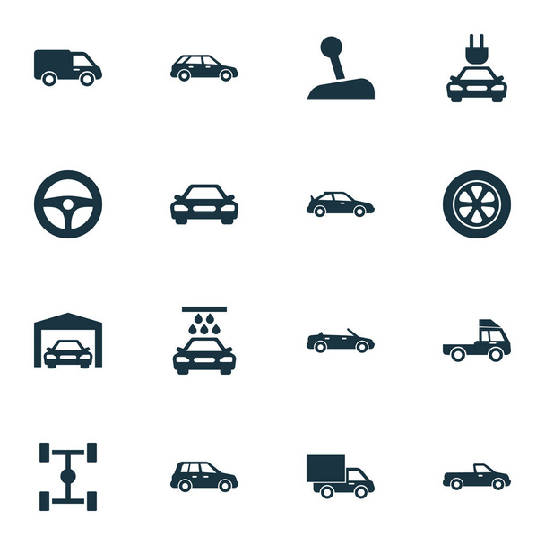 Conjunto de iconos de auto. Recogida de camión, coche, transporte y otros elementos. También incluye símbolos como control, furgoneta, deportes
. - Vector, imagen